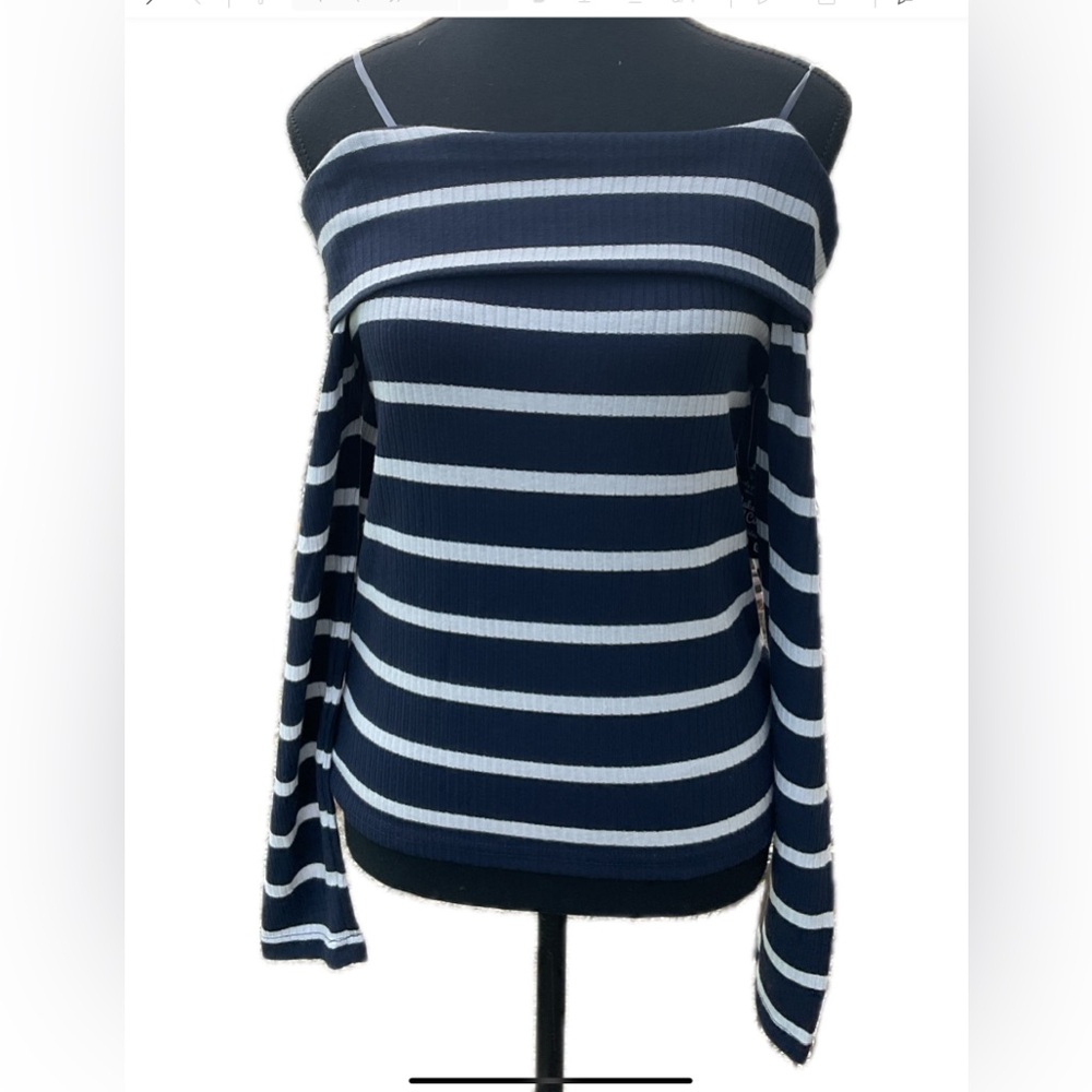 NEW Jolie& Joy Ribbed Blue and White Striped Off-the-Shoulder top.